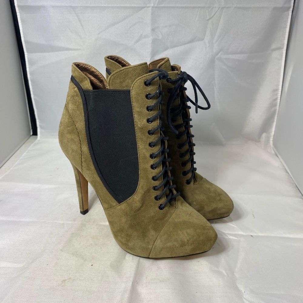 Sam Edelman Green Suede Black Closed Toe Lace Up Bootie Stiletto Heel Shoe 6